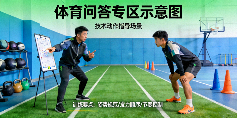 體育問答專區示意圖 - 教練在訓練場上指導運動員技術的場景