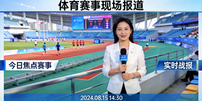 體育新聞資訊版面 - 記者在體育場邊報道賽事新聞的場景